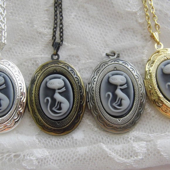 Petite Locket Cameo kitty cat black Necklace Retro - Picture 3 of 5